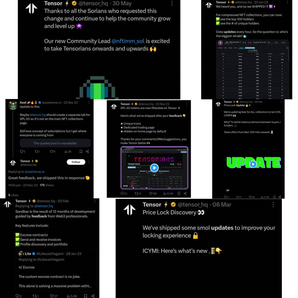 Tensor’s Twitter posts highlighting community feedback, updates, and engagement.