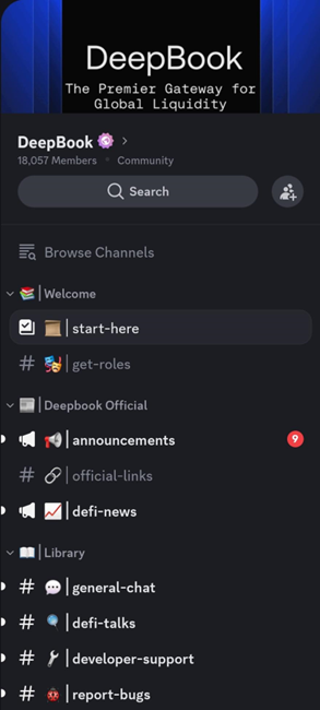 Screenshot of DeepBook’s Discord server with member count and channels.