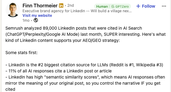 LinkedIn post by Finn Thormeier on AI Search How to Get Featured in Best of Listicles for AI Search