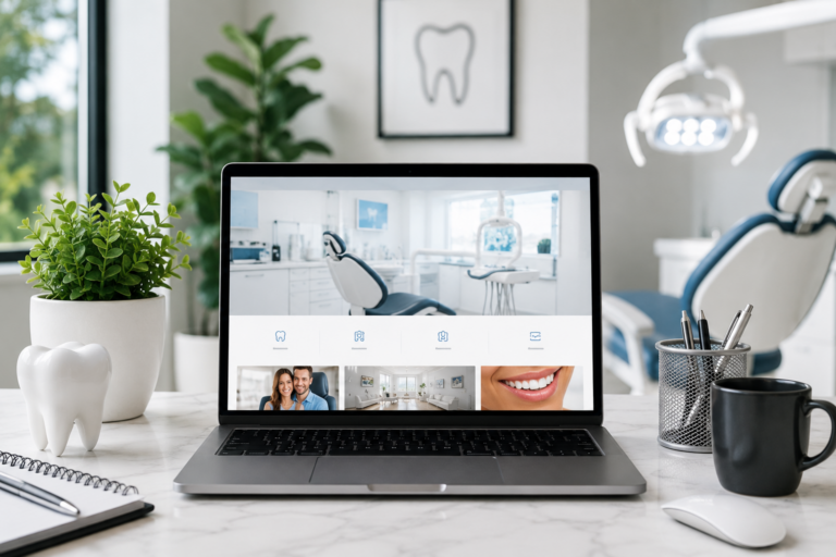 Dental group website on a laptop in a dental office
