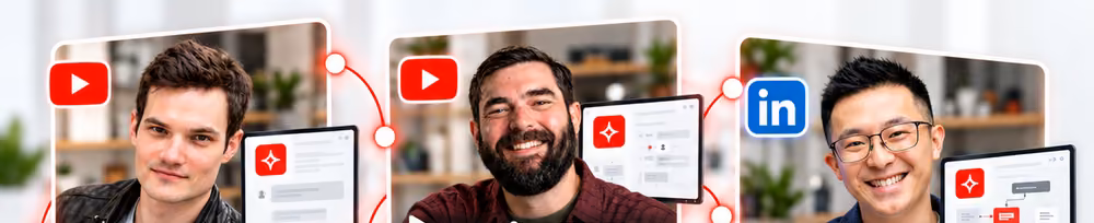 YouTube, Instagram and LinkedIn creators connected to an AI company's product dashboard, with affiliate links and affiliate revenue rising